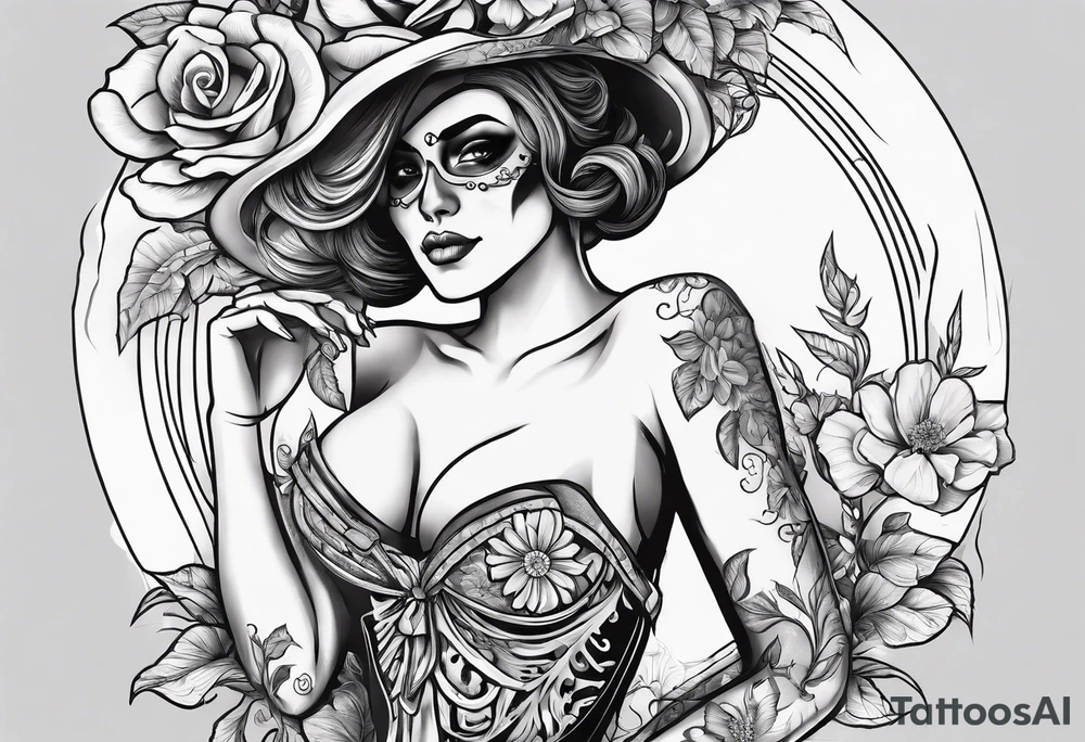 a male and female skeleton with bibiscus flowers. western style tattoo idea