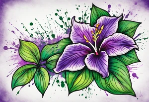 A mystical outline of a dipladenia flower and a green/purple watercolor splatter in the background to make the flower mainly green with purple highlights tattoo idea