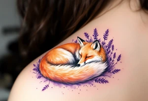 A fox curled up beneath a lavender bush, with warm orange tones contrasting the cool purple hues. tattoo idea