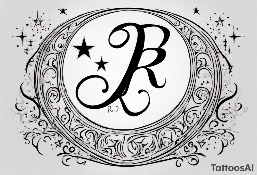 a custom tattoo design for my daughter, incorporating the letter 'R' in a decorative or cursive font, seamlessly blending with a crescent moon shape. Surrounding the 'R,' I envision delicate stars forming a celestial theme. The date '090123' should be prominently integrated, possibly beneath the 'R' or positioned below the celestial elements. I'd like the design to symbolize a harmonious connection between the 'R,' celestial elements, and the birthdate. tattoo idea