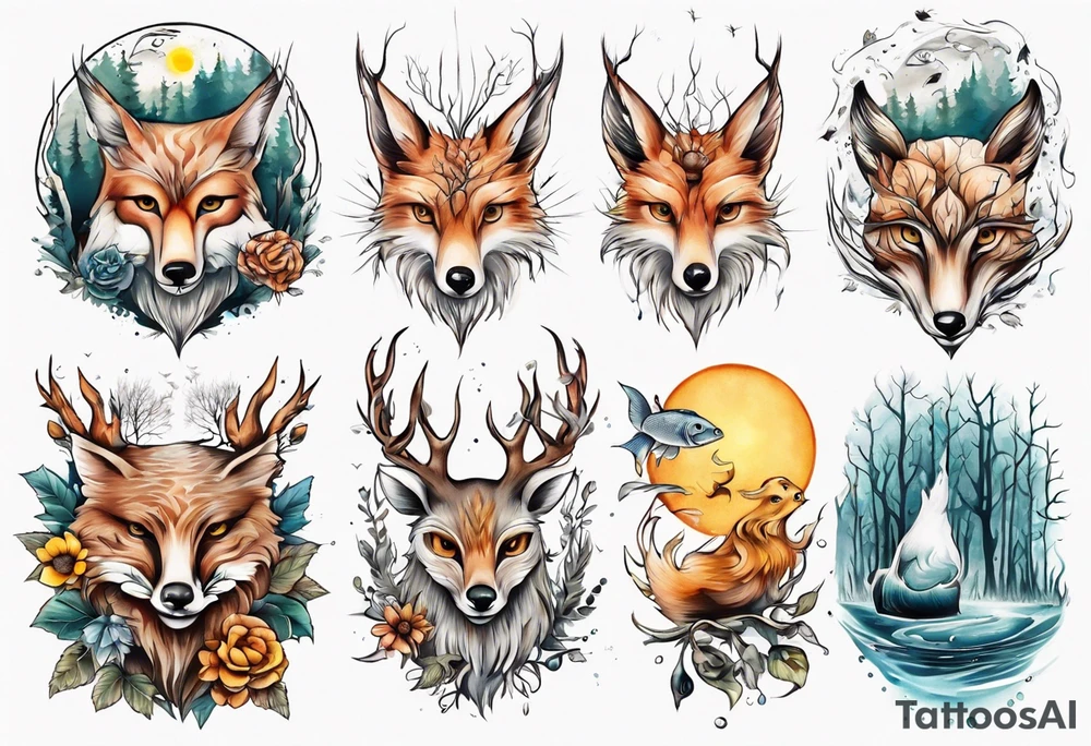 sonne, eule  wald, fuchs 
baum, sapere aude, Wasser, fisch tattoo idea