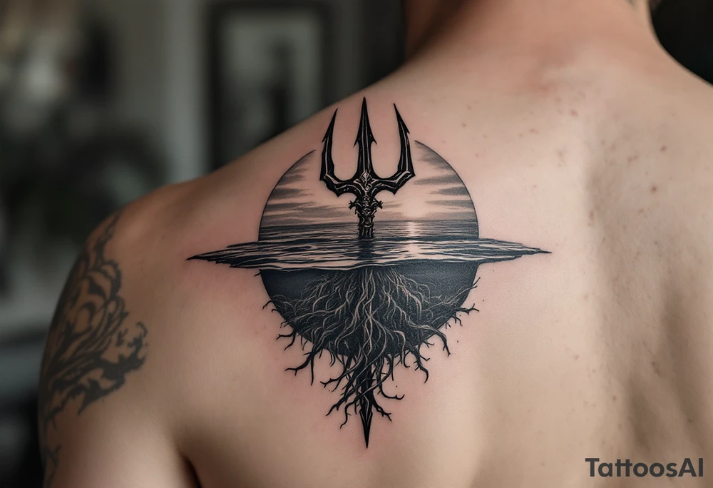 trident with Poseidon half way under calm water at sunset tattoo idea