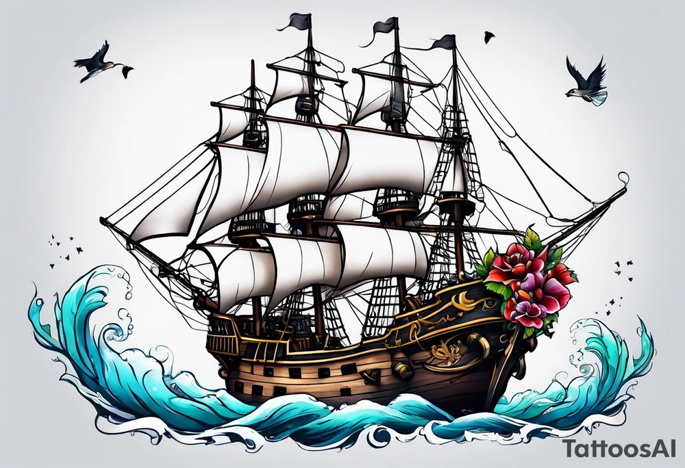 Ship pirate, flower, animal tattoo idea