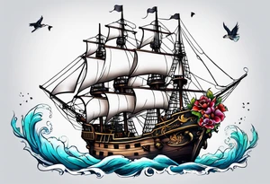 Ship pirate, flower, animal tattoo idea
