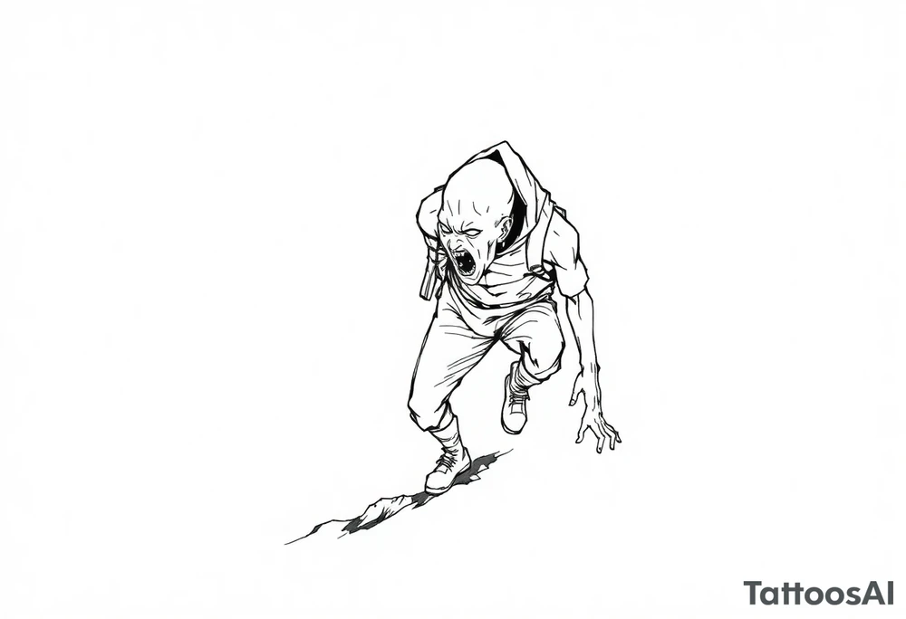Confusion and pressure in thin lines on screaming solo traveler with no face with his skin ripped left on the path he’s crawling tattoo idea