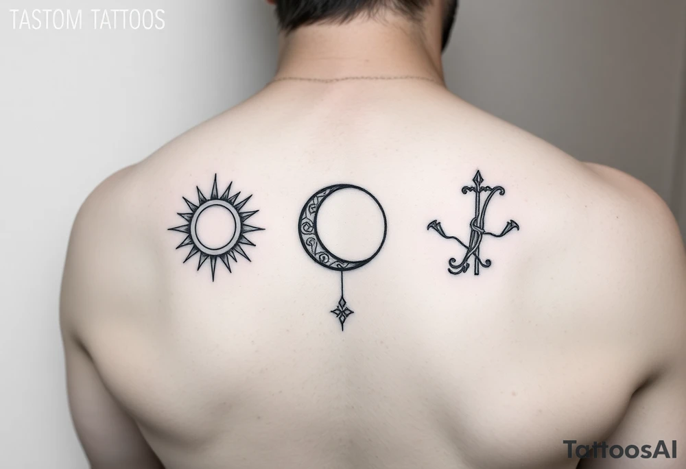 Simple line art tattoo that incorporates Capricorn (Sun), Gemini (moon), and Sagittarius (rising) signs— no shading— beginner friendly tattoo idea