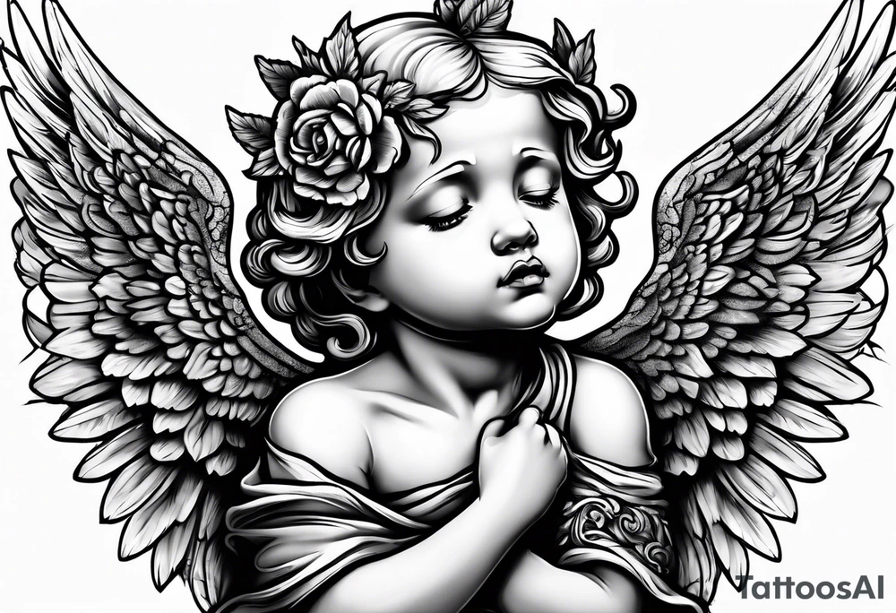 Crying cherub angel with tattoos on its arms tattoo idea