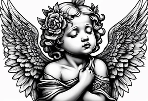 Crying cherub angel with tattoos on its arms tattoo idea