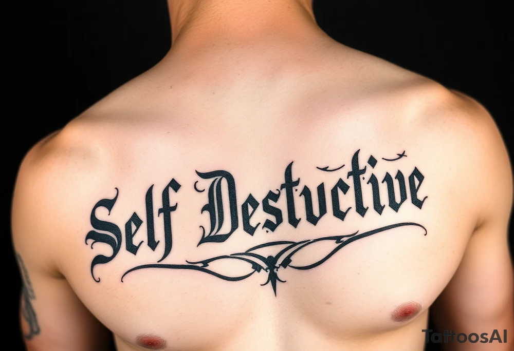 The words Self Destructive in a Chicano/old english font lettering across the chest tattoo idea