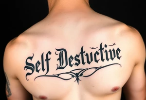 The words Self Destructive in a Chicano/old english font lettering across the chest tattoo idea