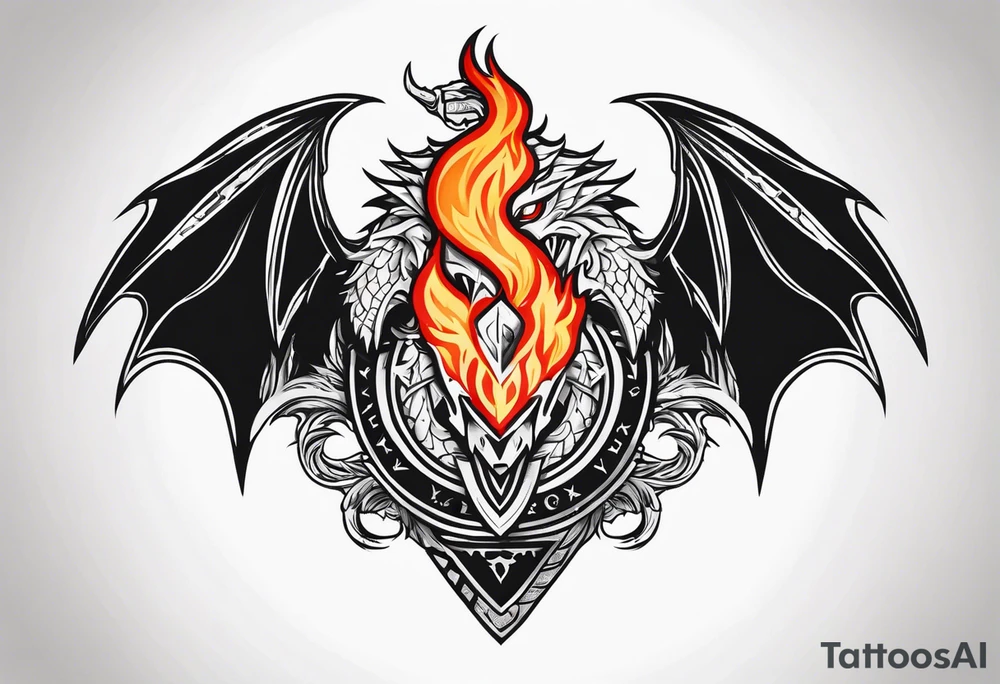 Valhalla sword shield dragon head fire tattoo idea