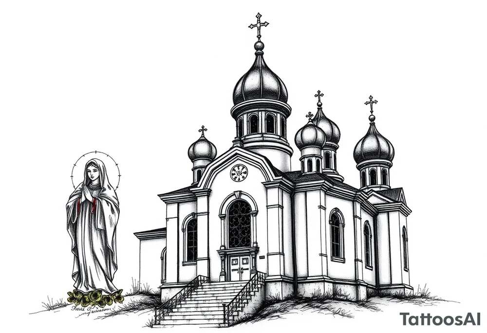 Russian orthodox church with bulb domes with a prominent russian orthodox style virgin mary stood outside to the left tattoo idea