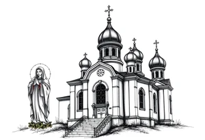 Russian orthodox church with bulb domes with a prominent russian orthodox style virgin mary stood outside to the left tattoo idea