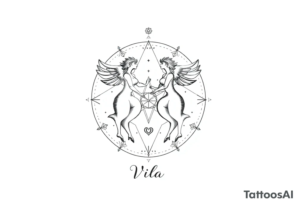 intricate Gemini zodiac star constellation with sacred geometry and cosmic elements with my name Viola in it tattoo idea