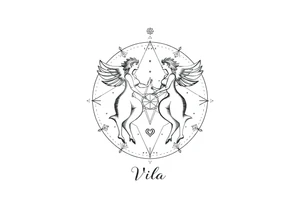 intricate Gemini zodiac star constellation with sacred geometry and cosmic elements with my name Viola in it tattoo idea