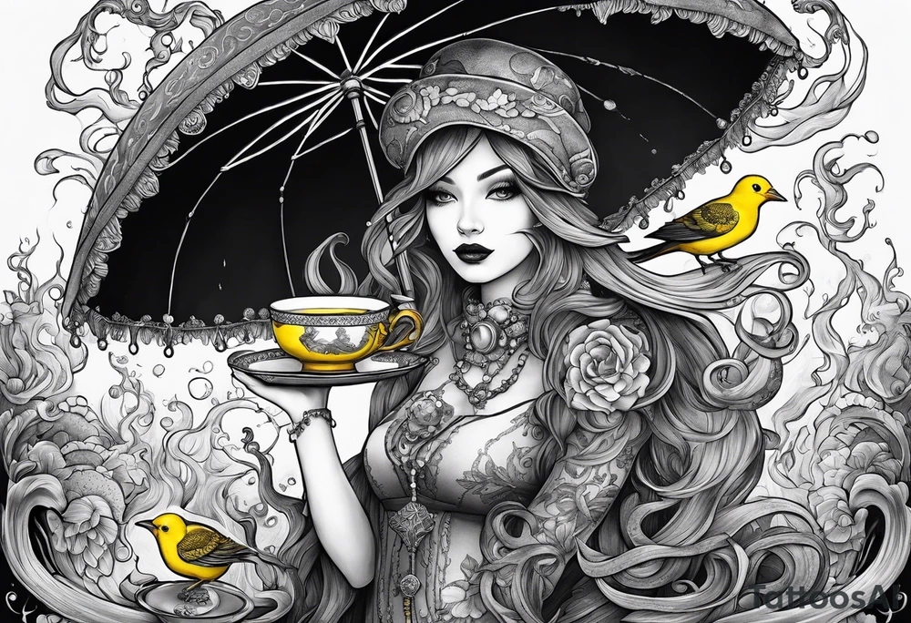 a sea witch with tentacles holding an umbrella and a teacup with a yellow bird chasing a gingerbread boy tattoo idea