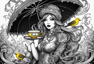 a sea witch with tentacles holding an umbrella and a teacup with a yellow bird chasing a gingerbread boy tattoo idea