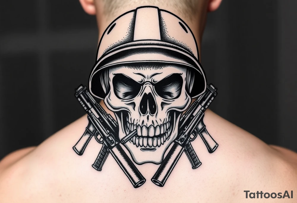 Skull wearing a soldier's helmet, crossed assault rifles behind it, cigar in mouth. tattoo idea