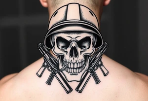 Skull wearing a soldier's helmet, crossed assault rifles behind it, cigar in mouth. tattoo idea