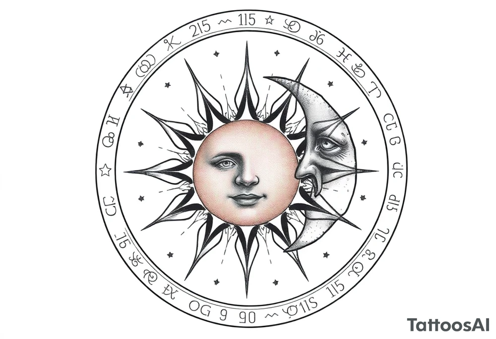 celestial sun and moon with constellation patterns runes in starry sky tattoo idea