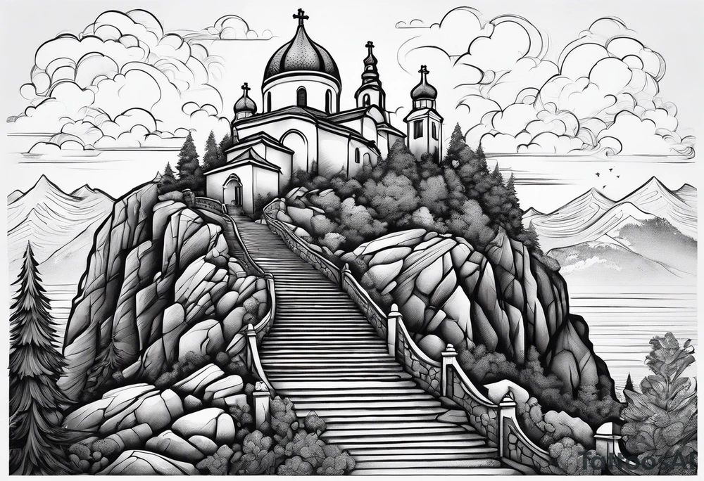 father mother and 2 kids walking up on stairs on the hill and on the top of the hill is Ostrog church build in the rock tattoo idea