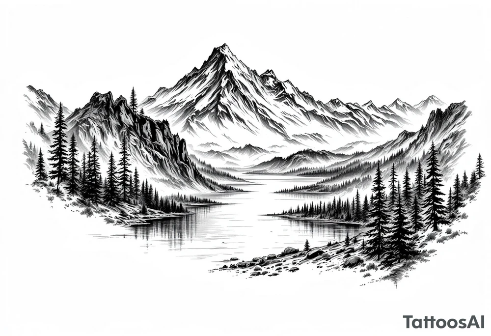 large lake with multiple mountians tattoo idea