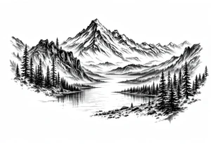 large lake with multiple mountians tattoo idea