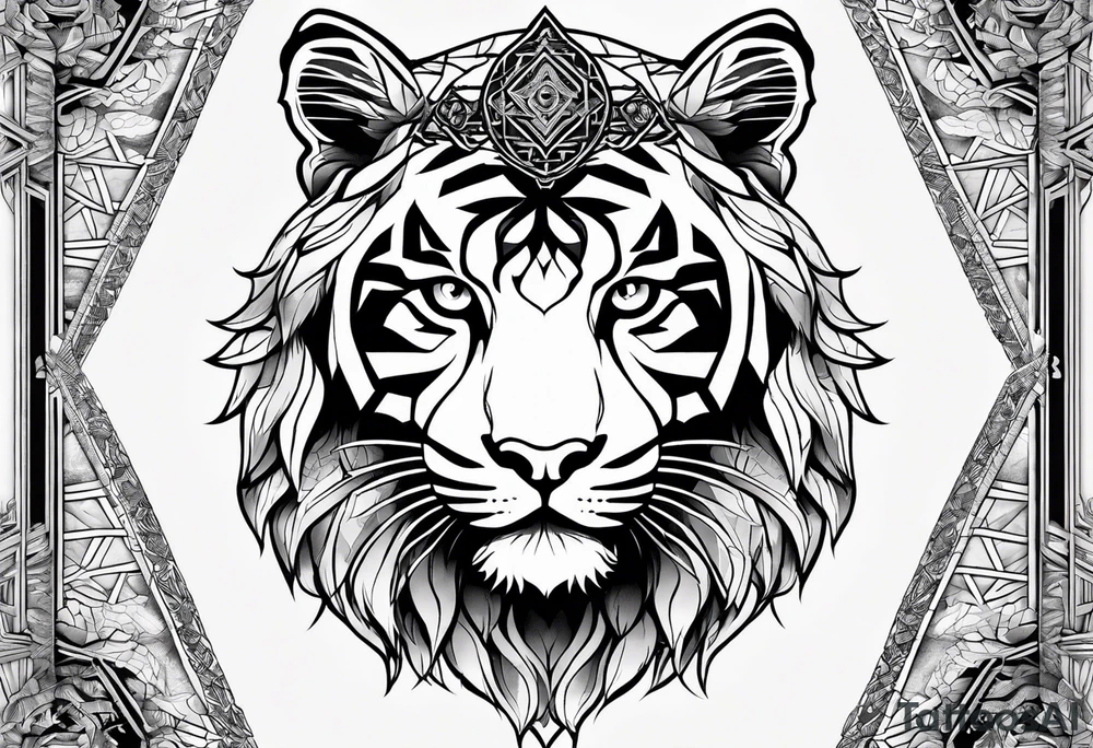 Tree of life and sacred geometry with a tiger and a crown tattoo idea
