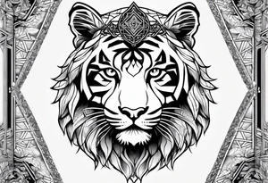 Tree of life and sacred geometry with a tiger and a crown tattoo idea
