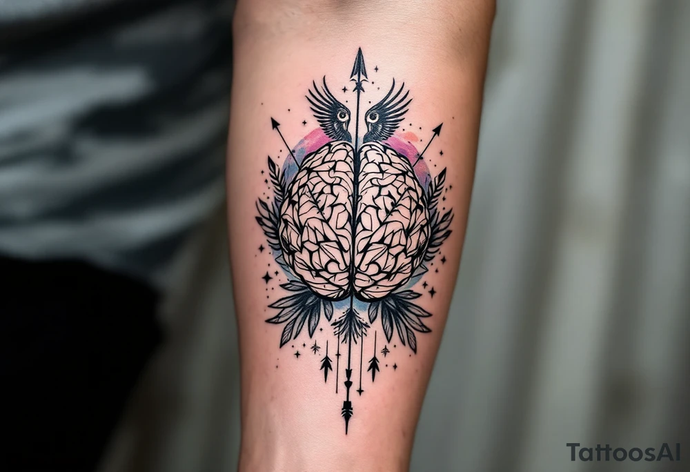 Tattoo inspired in the gifted brain in geometric and straight lines, with few watercolor details but mostly black, symbols representing intelligence, creativity and dreaming flying arround, the phrase "It begins with a dream", owl wings behind, and an arrow crossing from above, and watercolors leaking of it tattoo idea