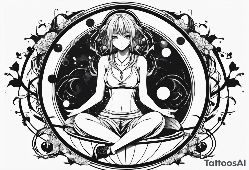 a bleeding anime girl sitting on a ball, and surrounded by a zen circle tattoo idea