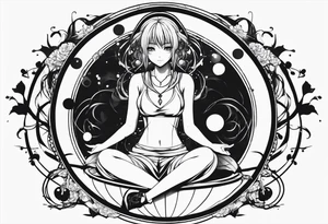 a bleeding anime girl sitting on a ball, and surrounded by a zen circle tattoo idea