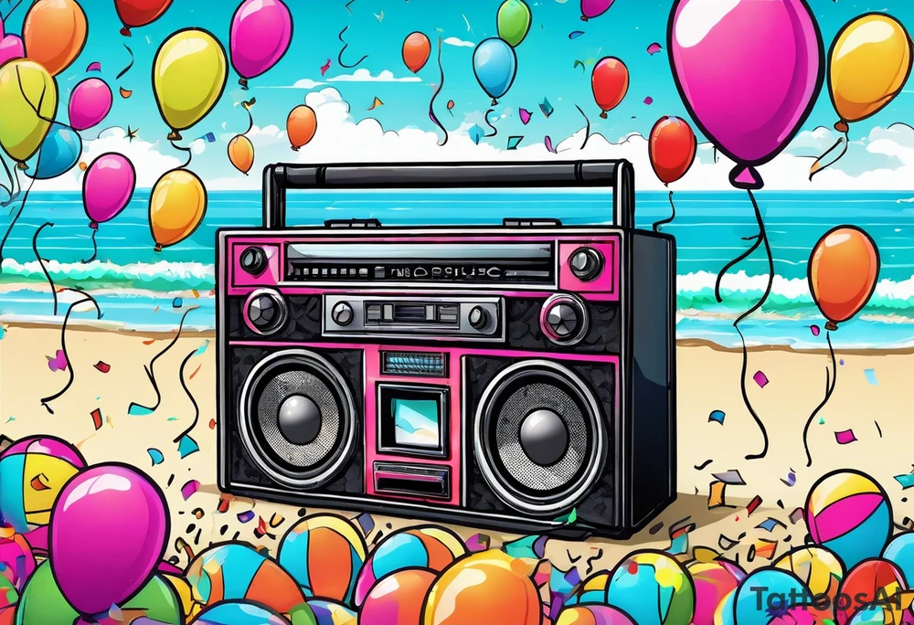 1980's style big boom box mith confetti, balloons and music notes against miami vice style beach background, include sexy party goers tattoo idea
