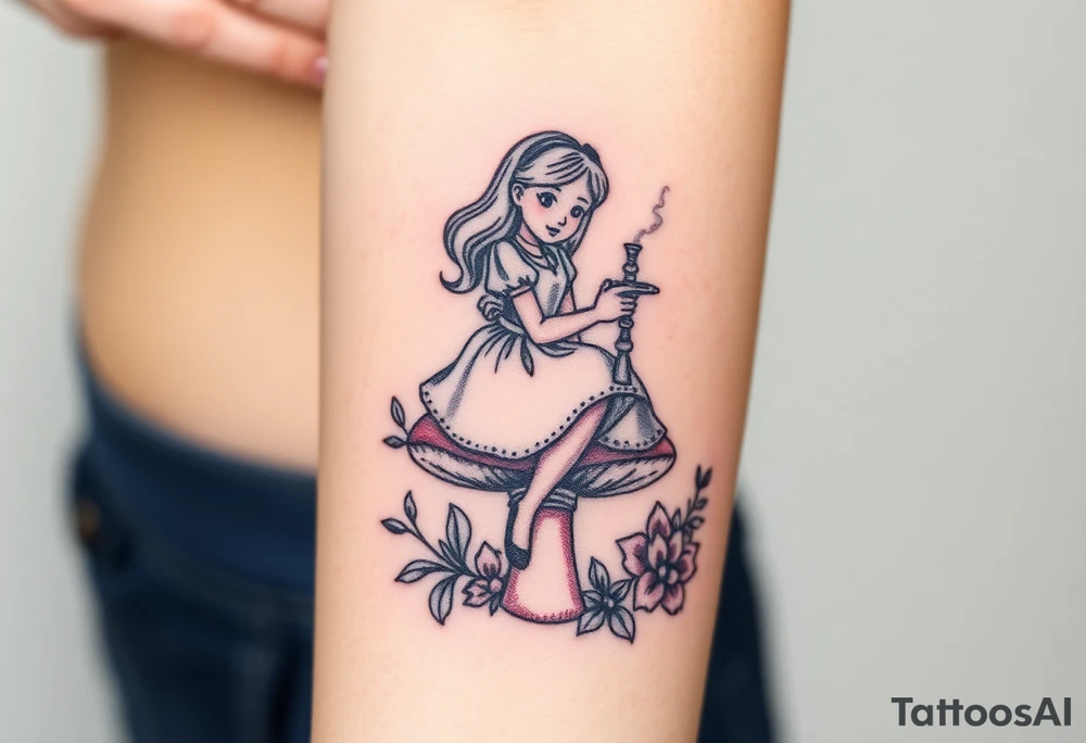 Alice in wonderland sitting on the mushroom with the hookah tattoo idea