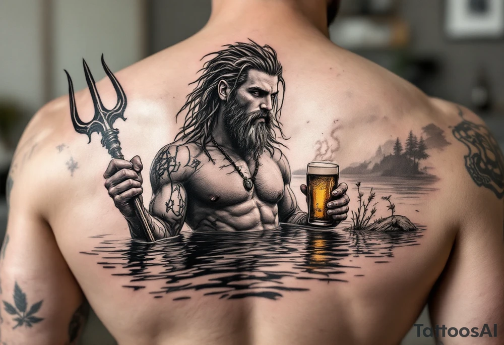 young, fit poseidon in calm water, holding a trident, drinking a beer, with foot on his bicep tattoo idea