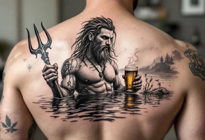 young, fit poseidon in calm water, holding a trident, drinking a beer, with foot on his bicep tattoo idea