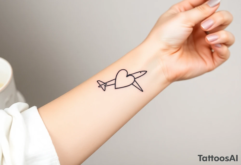 Minimalist tattoo for women who love travel and science, make feminine. For forearm. Should be small, aeroplane and heart tattoo idea
