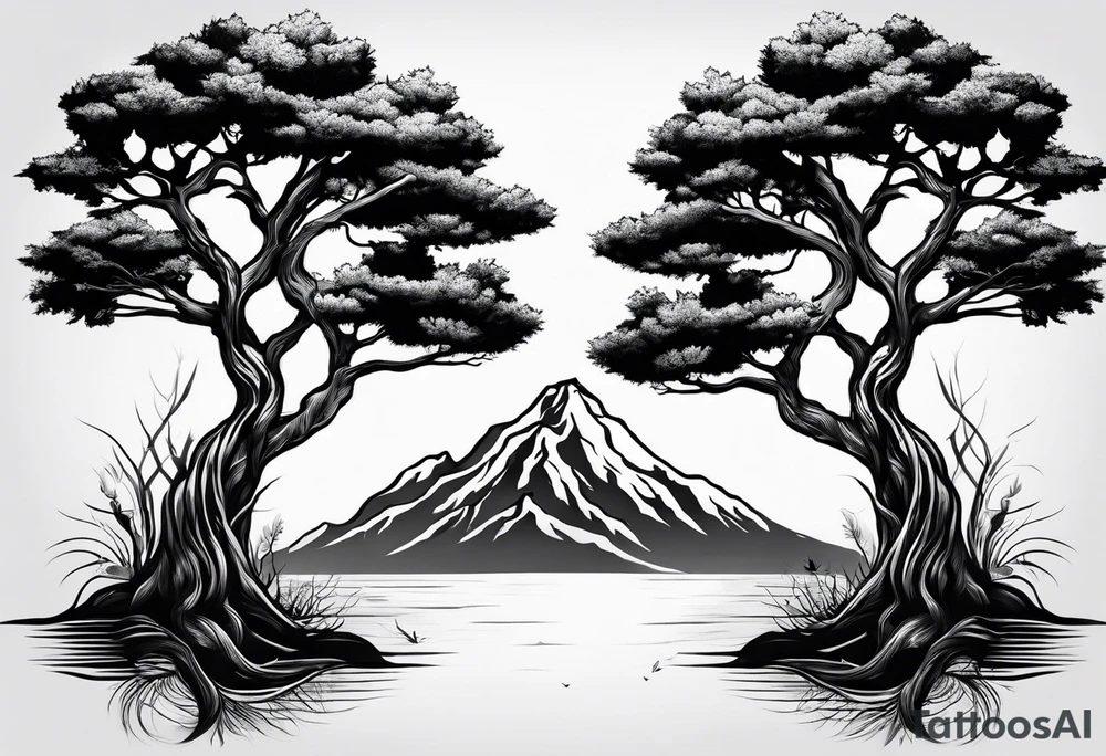 Three mountains three trees with roots tattoo idea
