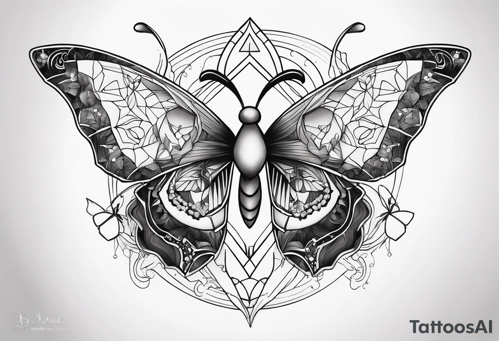 Feminine Capricorn tattoo with geometric designs and butterflies tattoo idea