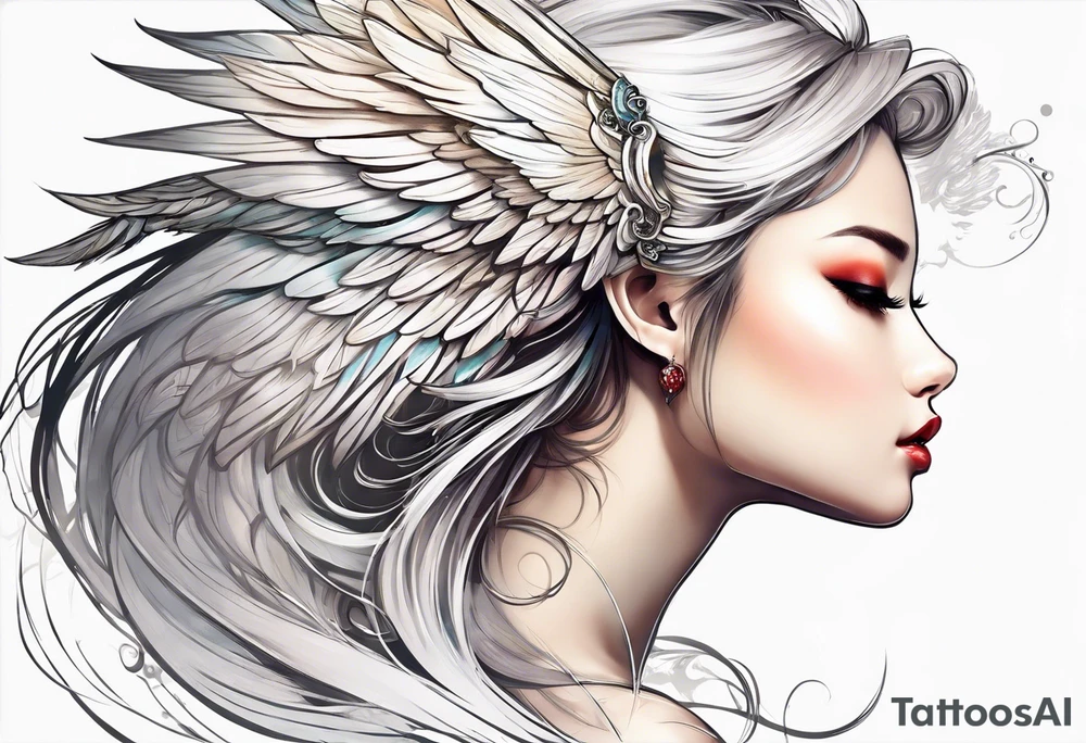 girl angel side profile, with wings, with floating halo,
whispering tattoo idea