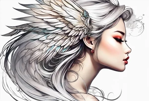 girl angel side profile, with wings, with floating halo,
 whispering tattoo idea