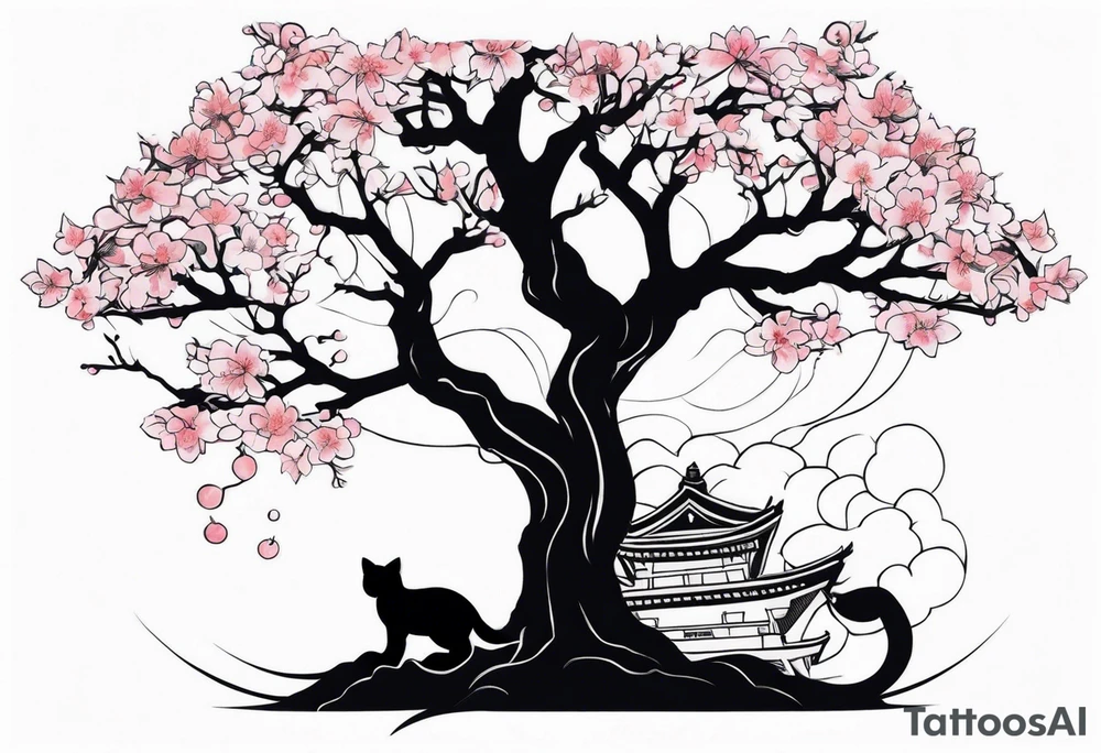 cherry blossom branch meeting with a dying pine tree with hidden cute demon cat tattoo idea