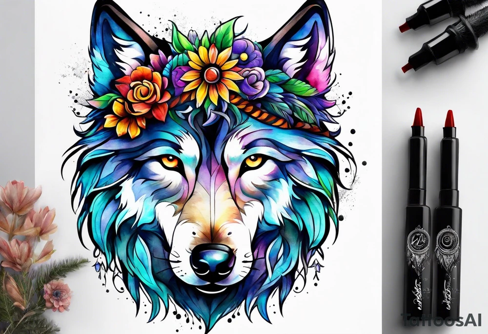 Hippie wolf tattoo idea