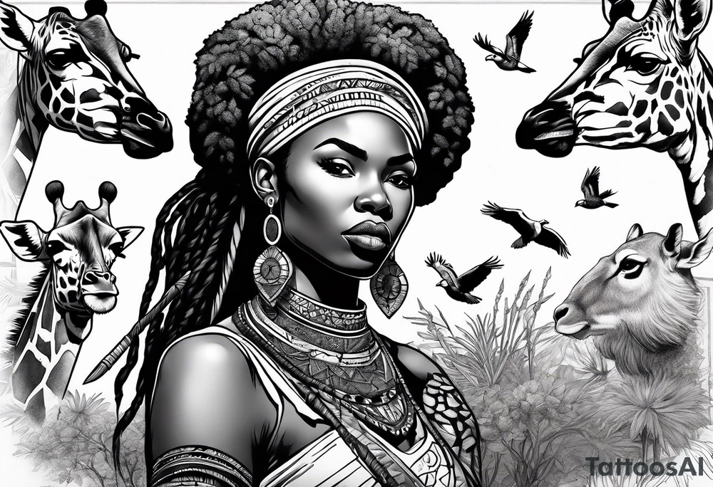 African woman warrior holding a spear with birds and giraffe in the background tattoo idea