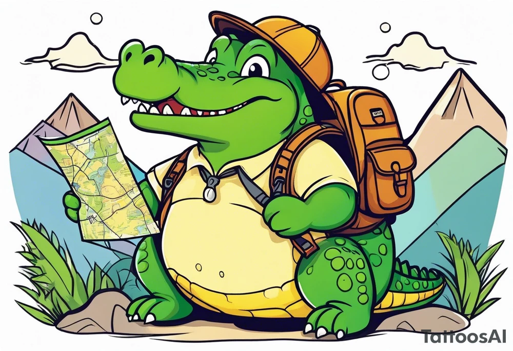 Chubby cute alligator with a map and backpack lost in the mountains tattoo idea