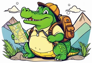 Chubby cute alligator with a map and backpack lost in the mountains tattoo idea