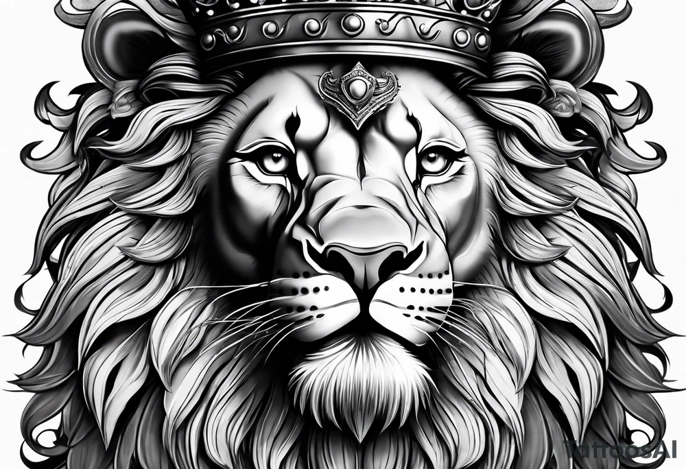 lion with a crown and sparkling eyes and mouth open teeth showing tattoo idea