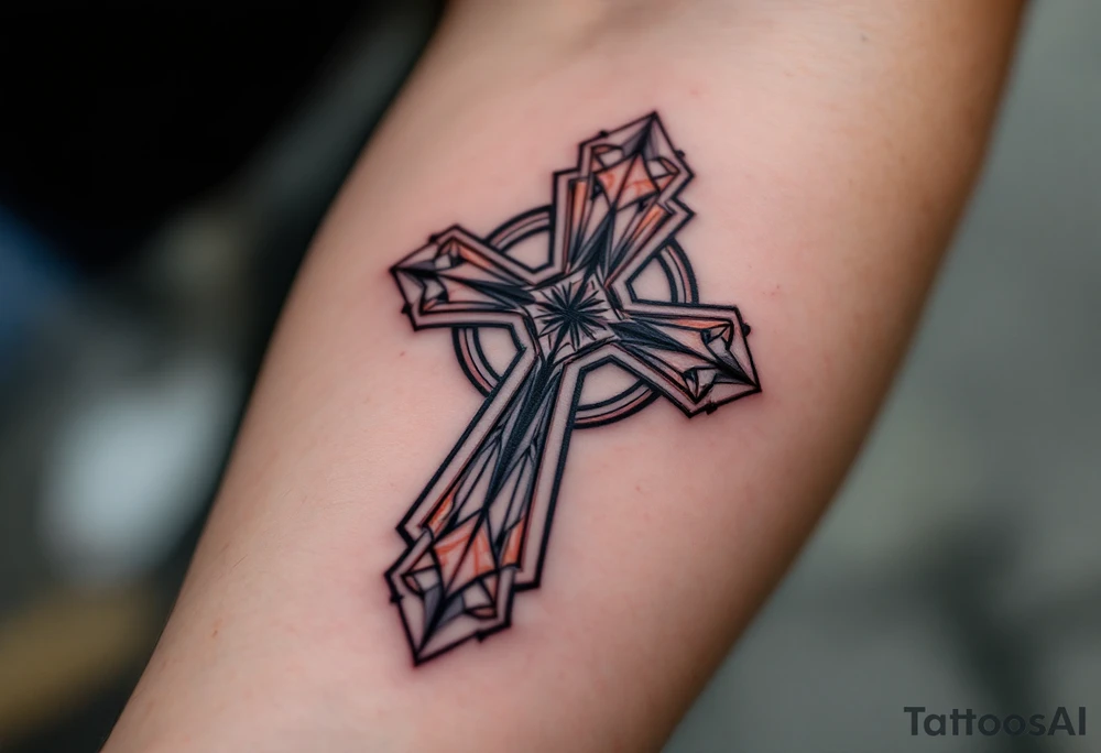 A Celtic cross with sharp, geometric edges, blending traditional design with modern minimalism. tattoo idea