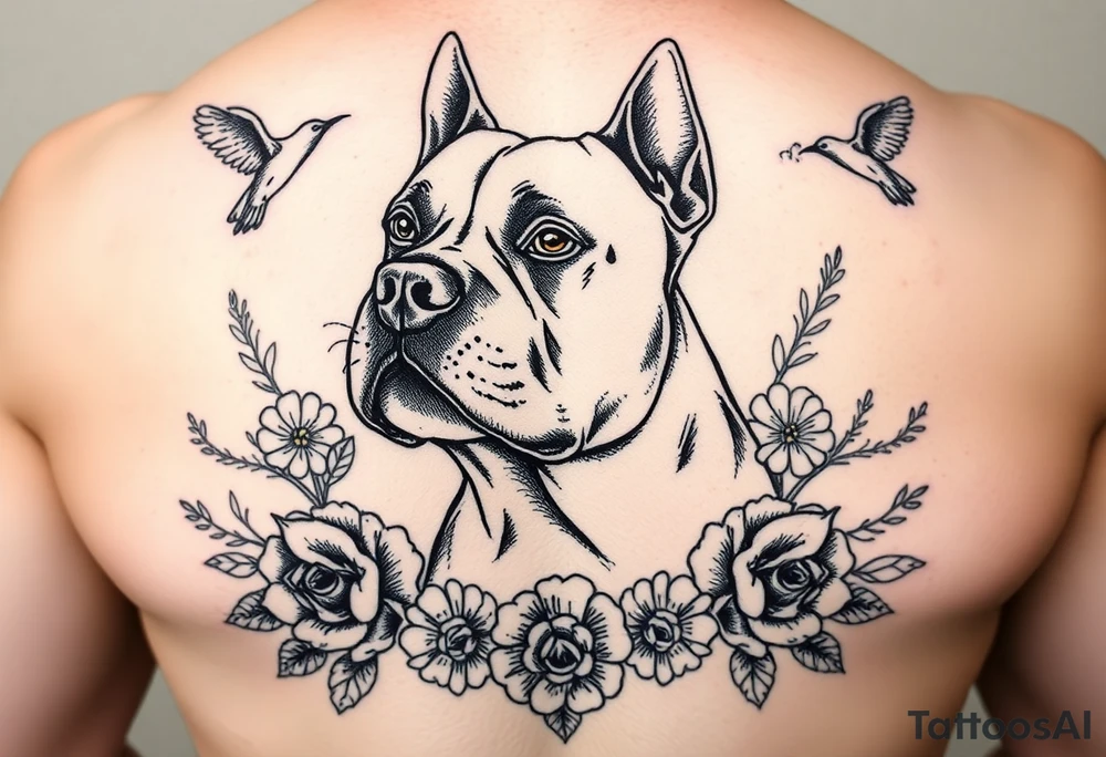 Memorial pit bull, surrounded by floral ornaments and birds tattoo idea