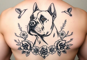 Memorial pit bull, surrounded by floral ornaments and birds tattoo idea